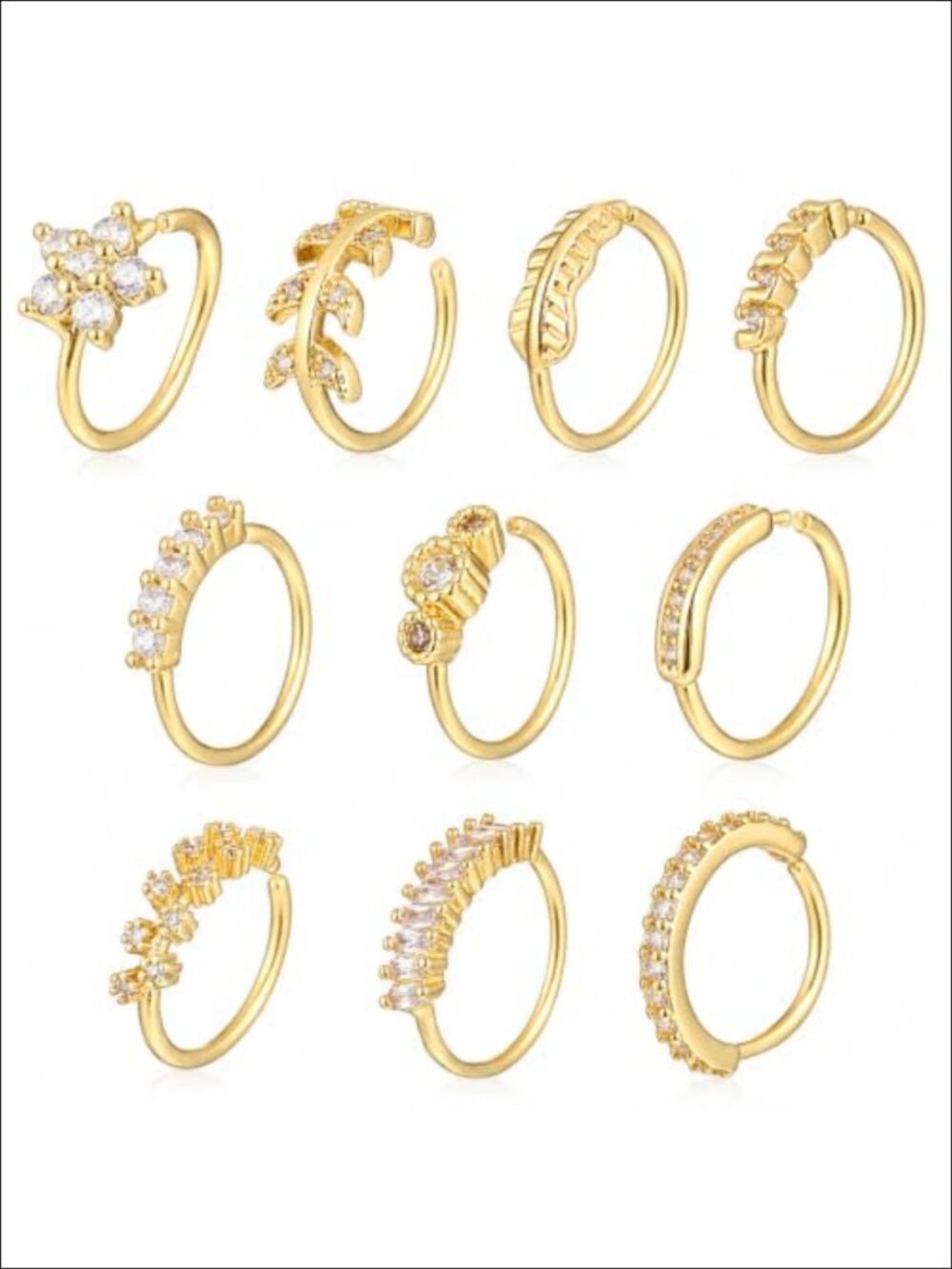 10Pc Surgical Steel Nose Ring Hoop Set CZ Flower Leaf Star Septum Jewelry 20G